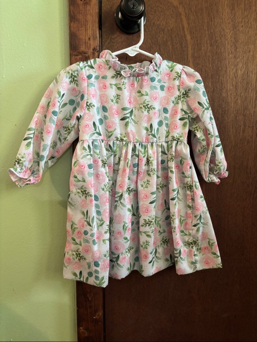 Girls' Floral Long-Sleeve Ruffle Neck Dress - Pink & Green